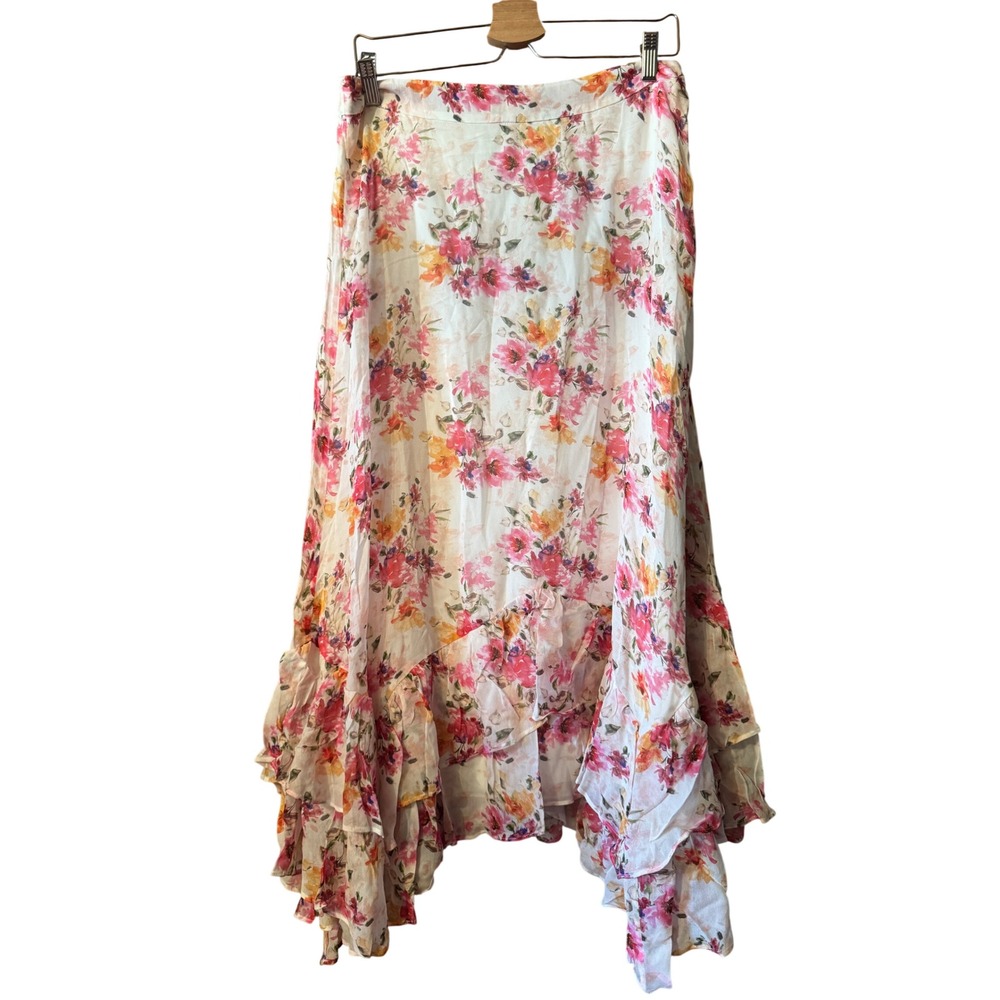 Sundance Floral Maxi Skirt L White Pink Ruffle Asymmetrical Boho Cottagecore
